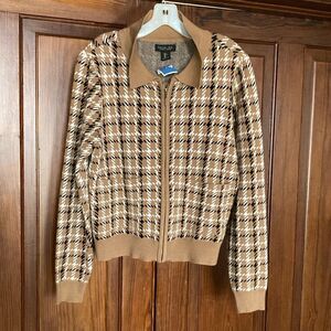 Rachel Zoe New Plaid Full Zip Collared Knit Sweater Brown White Black Size L